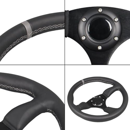 350mm Gray Stripe Racing Steering Wheel Black Genuine Leather Grip 6 Bolts Sport Steering Wheel with Horn Button Gray Stitching - color: Gray Stripe