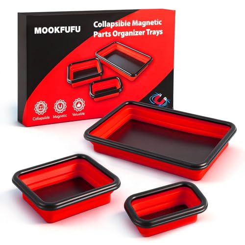 Collapsible Magnetic Parts Tray Set, 3 Different Sizes，Red | 3 Different Sizes, Extra Strong Magnet Up to 18LB, Silicone Foldable - color: Red