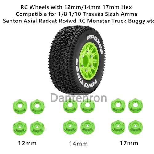 1/10 1/8 Truck Wheels and Tires 12mm 14mm 17mm Hex OD 4.41" RC Short Course Tires for 1:8 1:10 Off Road Truck Car Traxxas Slash 2WD 4×4 Rc4wd Arrma Senton Axial Losi Redcat 4PCS (Green) - color: Green