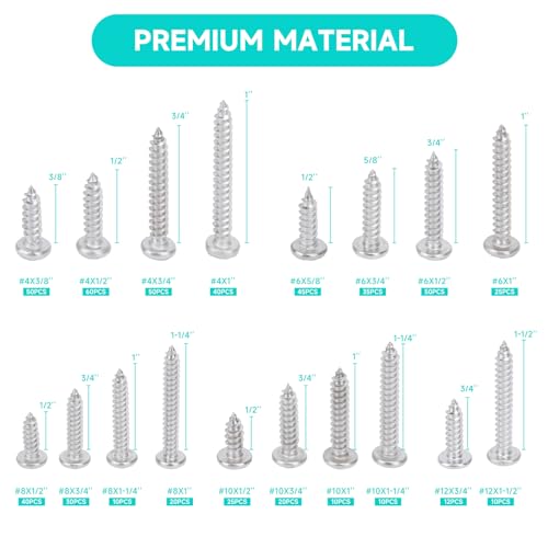 542PCS #4#6#8#10#12 Phillips Head Screw Set Stainless Steel Wood Screws Assortment Kit, Assorted Sheet Metal Self Tapping Screws, 18-8(304) Stainless Steel (pan Silver) - style: pan silver