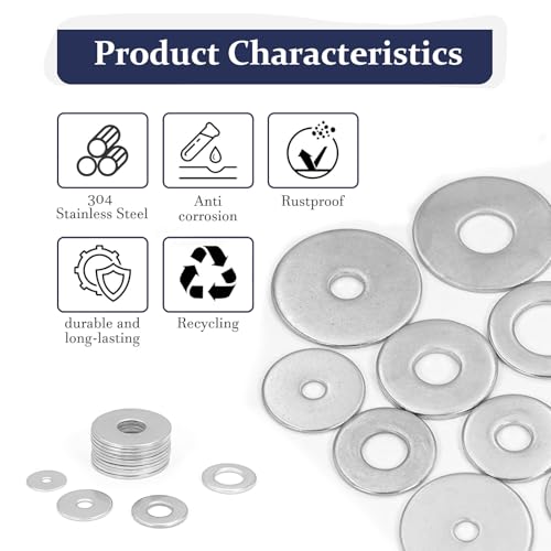 ZQZ 108Pcs Flat Washers, 304 Stainless Steel Fender Washers Assortment, 12 Different Sizes Wide Washer M3 M4 M5 M6 M8 M10 M12 Assorted Flatwashers Kit - size: 12 Sizes 108 Pieces