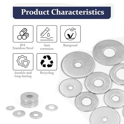 ZQZ 108Pcs Flat Washers, 304 Stainless Steel Fender Washers Assortment, 12 Different Sizes Wide Washer M3 M4 M5 M6 M8 M10 M12 Assorted Flatwashers Kit - size: 12 Sizes 108 Pieces