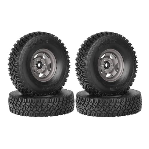 4PCS 1.55 Inch Beadlock Metal Wheel Rim and Rubber Tires Set for 1/10 RC Rock Crawler Car for Axial AX90069 D90 TF2 Tamiya CC01 LC70(90mm-5Spokes Grey) - color: 90mm-5spokes Grey