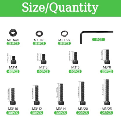 1140PCS M3 Screws Assortment Kit, M3x5/6/8/10/12/14/20/25 mm Hex Socket Head Bolts, Nuts & Washers Assorted Set - 12.9 Alloy Steel Black Zinc Plated M3 Screw for 3D Printer,DIY - size: M3x5/6/8/10/12/14/20/25-1140Pcs