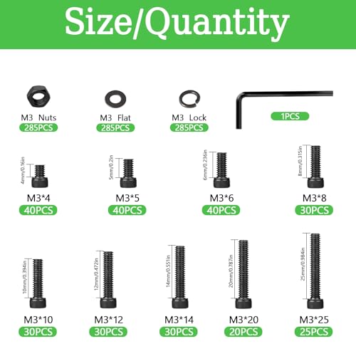 1140PCS M3 Screws Assortment Kit, M3x5/6/8/10/12/14/20/25 mm Hex Socket Head Bolts, Nuts & Washers Assorted Set - 12.9 Alloy Steel Black Zinc Plated M3 Screw for 3D Printer,DIY - size: M3x5/6/8/10/12/14/20/25-1140Pcs