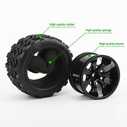 RC Wheels and Tires, 4 Pack, 12mm Hex, 1/10 Monster Truck | with Nuts and Washers, RC Car Parts