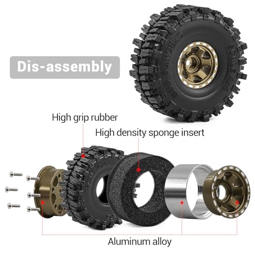1.0" Beadlock Aluminum Wheels and 64mm Soft Rubber Tires | for SCX24, TRX4M, Ascent 18, FCX24, 1/18 1/24 RC Crawler, 7mm Hex, 0mm Offset, with Foam Inserts, (Bronze) - color: Bronze