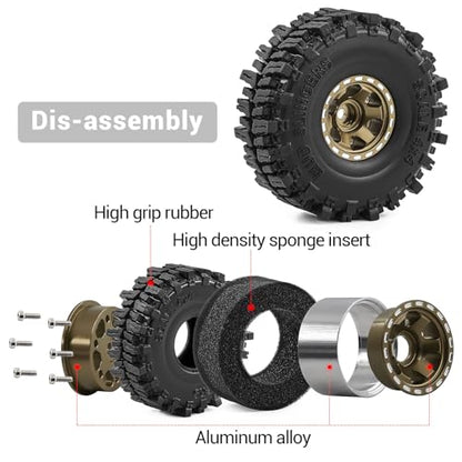 1.0" Beadlock Aluminum Wheels and 64mm Soft Rubber Tires | for SCX24, TRX4M, Ascent 18, FCX24, 1/18 1/24 RC Crawler, 7mm Hex, 0mm Offset, with Foam Inserts, (Bronze) - color: Bronze