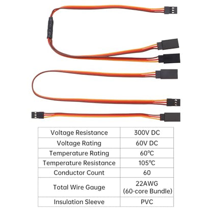 15 pcs 22AWG 3-Pin 60 Core Servo Extension Cable and 1 JR Male to 2 Female Y Harness for RC Cars Trucks Airplanes Servo Receiver Connection, 15 cm and 30 cm Servo Cable Set, 3 Styles