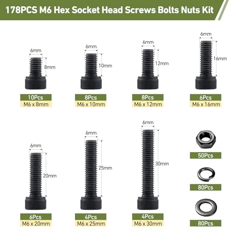 178Pcs M6 Screws Assortment Kit,Hex Socket Head Cap Screws Bolts Nuts Washer Set,12.9 Grade Alloy Steel,Black Oxide M6x 8/10/12/16/20/25/30mm,for 3D Printer,DIY Project - size: M6 178PCS Socket Black