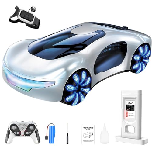 2.4G Gesture Sensing RC Stunt Car, LED Drift Racing Car with Spray Boost, USB Charging Station & Music Effects – 360° Flip Toy Gift (Handle+Watch RC Version) - color: White