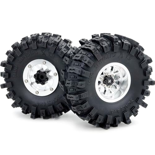 4.85'' Tall Mud Slingers X 1.9 tires T8 & -10.5mm Negative Offset 1.9 Beadlock wheels rims For 1/10 Crawler SCX10 TRX4 Upgrades,HS701550 - color: Silver