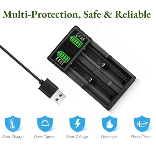 3.7 USB Battery Charger with 2 Pack 3,7 2200mAh Flat Top Battery Ni-MH, 2 Bay LCD Display Smart Universal USB Battery Chargers for Flashlights, Headlamps,Doorbells,RC Cars,Outdoor Garden Lights,etc