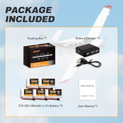 3.7V Lipo Battery 450mAh High Capacity 25C RC Molex Drone Battery with 5-in-1 Charger for SYMA Q11 AT-96 TR-C385 TR-P51 TR-F22 H99W H31 H6C H98 Holy Stone HS170G HS170 HS170C HS230 Quadcopter
