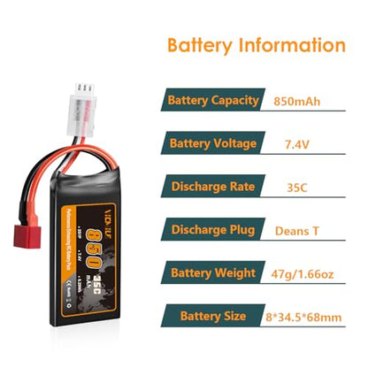 7.4V Lipo Battery Super Thin 2S 850mAh RC Battery with Dean-Style T Plug 35C High Discharge Rate Rechargeable Fit for DEERC WLtoys HBX Most 1/10 1/16 1/18 1/24 Scale RC Car Truck