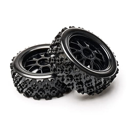 4 Pcs Black 1:10 Scale RC Tires Wheel Rims | Split-type Tires, ABS Wheels + Rubber Tires, 12mm Hex, Raised Tread Pattern, Shock Absorption, Anti-Slip, Strong Grip