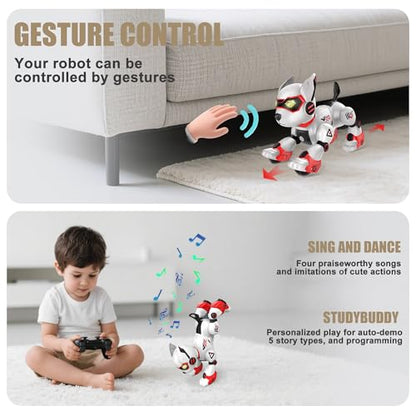 BYTEWAR Remote Control Robot Toy Puppy, Intelligent Programming Robot Dog | Interactive Gesture Function, Imitate Animal Music and Dance,Nice Gift for Boy or Girl 3-5 5-8 Ages - color: 101 Red