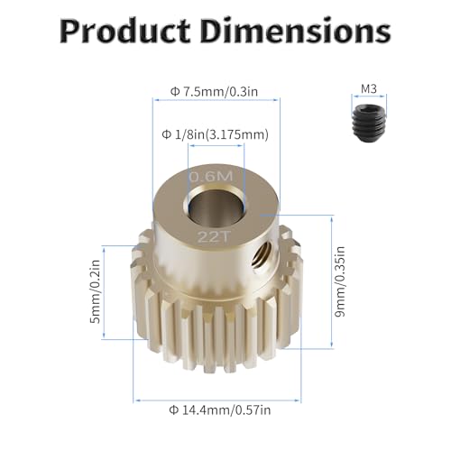 Pinion Motor Gear, M0.6 22T, 1/8 in (3.175mm) Shaft Hole | M0.6 Pitch 22 Teeth, 7075 Aluminum Alloy, 1/8 Inch Shaft Hole, RC Motor Pinion Upgrade, for 1/10 RC Brushless Crawler - size: M0.6 22T
