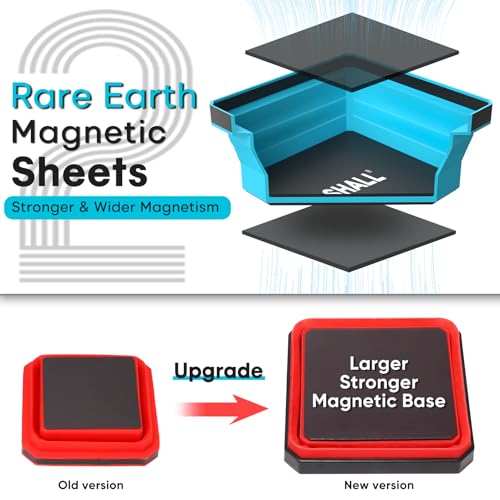 SHALL New Version Collapsible Magnetic Parts Tray Set, 4-Pack Magnetic Tool Trays for Screw Bolts Nuts Washers Pins & Small Metal Parts, 4.5” Square Silicone Foldable Bowls w/Dual-Sided Magnetic Base