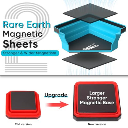 SHALL New Version Collapsible Magnetic Parts Tray Set, 4-Pack Magnetic Tool Trays for Screw Bolts Nuts Washers Pins & Small Metal Parts, 4.5” Square Silicone Foldable Bowls w/Dual-Sided Magnetic Base