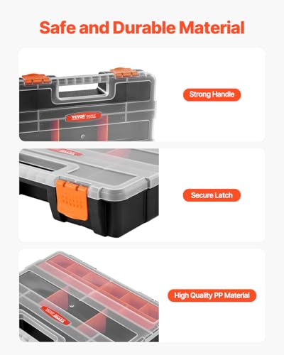 VEVOR 3-Pack Small Parts Organizer, 21 Compartments Tools Organizer Box with Removable Dividers, PP Hardware Storage Box with Safety Latch & Portable Handle for Nuts, Bolts, Screws, Nails