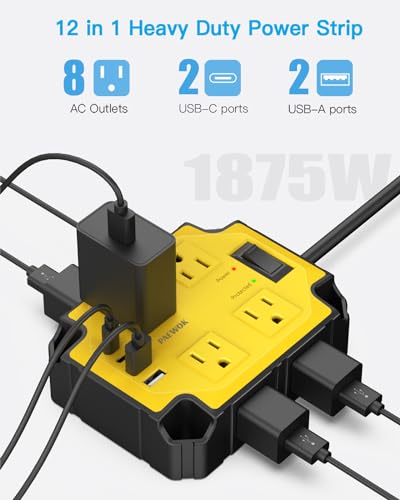 8-Outlets Magnetic Heavy Duty Power Strip, 6.5 Ft Extension Cord | 15 Amps/1200 Joules, Multi-Plug with 4 USB Ports (2 USB-C) for Workshop Garage Industrial, Yellow