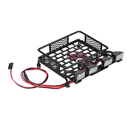 RC Car Roof Rack, Small Size Roof Rack Luggage Carrier with 4 Quadrate LED Lights for Axial SCX10 1/10 Remote Control Crawler Car(4 White Light Color)