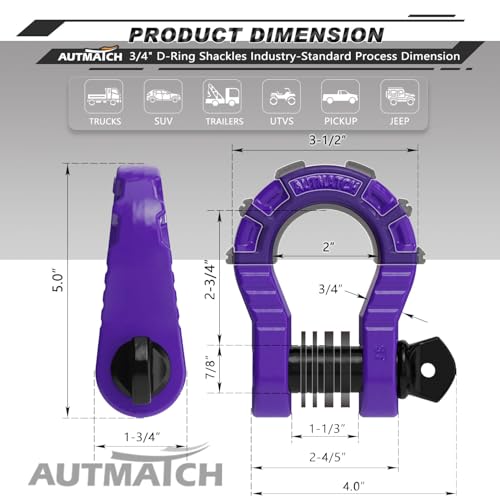 AUTMATCH D Ring Shackles 3/4" Mega Shackle (2 Pack) 68,000Ibs Break Strength - Heavy Duty Clevis Shackles with 7/8" Screw Pin and Isolator Washer for Tow Strap Winch Off Road Vehicle Recovery, Purple - color: Purple & Black