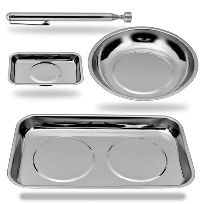 HORUDSY 4PC Magnetic Tray Set with Magnet Stick – Extra Strong Magnets, Stainless Steel Trays, and Telescoping Pickup Tool for Organizing and Retrieving Metal Parts - style: 4-Piece Magnetic Tray & Stick - Pro