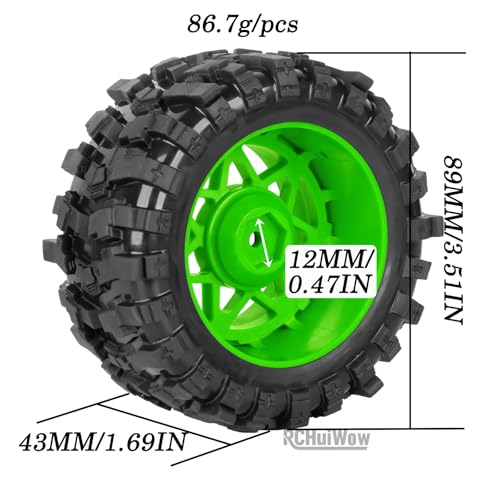 1/16 RC Wheels and Tires 4PCS, RCHuiWow 12mm Hex Plastic Rim Tires Set for 1/16 M-J-X16207-210,H-B-X16889-890,S-C-Y16101-106,Summit E-Revo Gorgon Grom,Mini Kraton 3S RC Truck Upgrades,Green&Red - color: Green&red(4pcs)