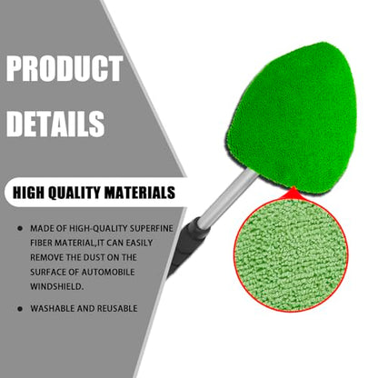 4 Pack Windshield Cleaning Tool with Extendable Handle, Green | aluminum ABS and microfiber body, pivoting head, reusable cloth pads, fits most vehicle glass, auto cleaning tools - color: Green