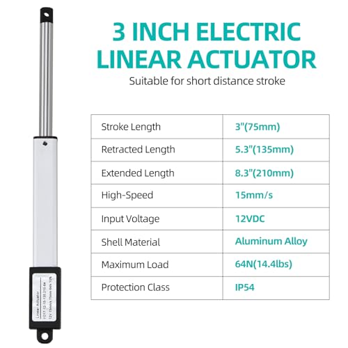 12V Mini Electric Linear Actuator 3" Stroke, 64N/14lbs, Speed 15mm/s, Linear Motion Actuators w/Mounting Brackets, for Sofa, TV, Table, Cabinets, Window Opener, Robotics, Home Automation - size: 3 Inch