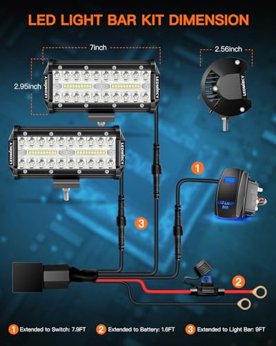 LED Light Bar,LEDMIRCY 7" LED Pod Lights with Rocker Switch Wiring Harness | White Spot Flood Combo Beam Triple Rows White Off Road Lights(2PCS) for Truck ATV SUV UTV Boat IP68 Waterproof