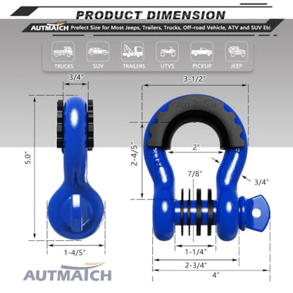 AUTMATCH 3/4" D Ring Shackles (2-Pack) - 41,887 lbs Break Strength | Heavy Duty Clevis Shackle with 7/8" Pin & Isolator Washer Kit for Tow Strap, Winch, Towing & Off-Road Vehicle Recovery, Blue - color: Blue