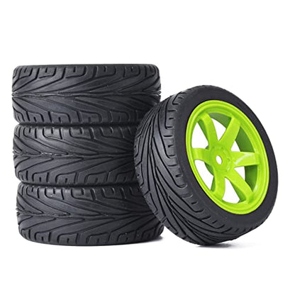 4PCS RC Car Rubber Tires and Plastic Wheels Rims Compatible with 1/10 Scale On Road Touring Racing Flat Drift Car for HSP HPI Tamiya Sakura (Green) - color: Green