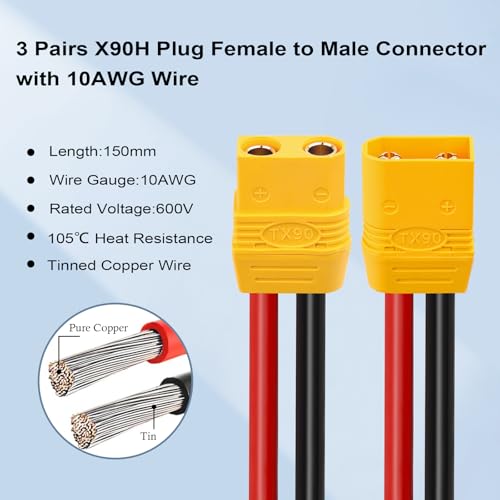 3 Pairs XT90H XT90 Plug Male and Female Connector with 150mm 10AWG Wire for RC Lipo Battery FPV Racing Drone - size: 15CM-3Pairs