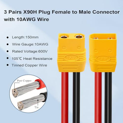 3 Pairs XT90H XT90 Plug Male and Female Connector with 150mm 10AWG Wire for RC Lipo Battery FPV Racing Drone - size: 15CM-3Pairs