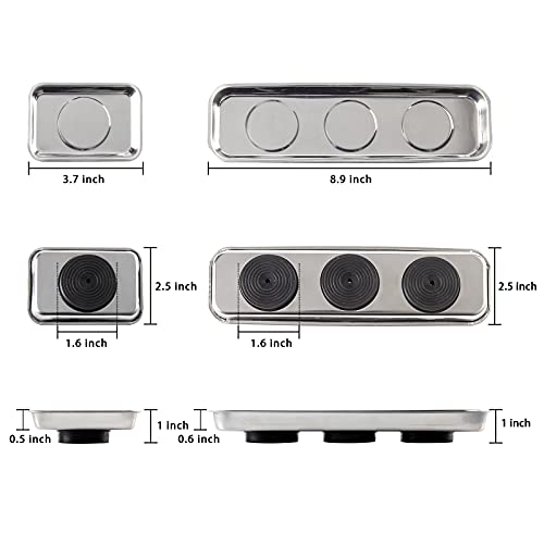 3 Pieces Magnetic Trays Set Stainless Steel Magnet Tool Tray Parts Holder for Screws, Sockets, Bolts, Pins, Mechanic's and Automotive - size: 3 Pieces Set (3.7" x 2.5" + 8.9" x 2.5")