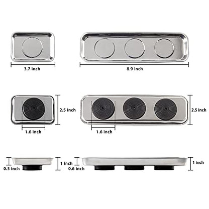 3 Pieces Magnetic Trays Set Stainless Steel Magnet Tool Tray Parts Holder for Screws, Sockets, Bolts, Pins, Mechanic's and Automotive - size: 3 Pieces Set (3.7" x 2.5" + 8.9" x 2.5")