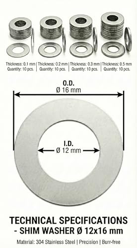 Shim Washers Stainless Steel 12x16 Precision Spacer Kit for Bearings Gearboxes CNC and RC Tuning Assortment 40 Pieces 10 Units x 0.1/0.2/0.3/0.5 mm Deburred Flat Tight Tolerance Professional Use - size: 12x16