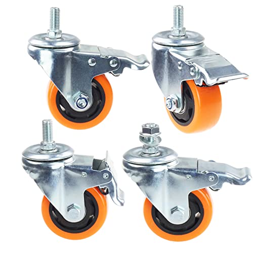 Heavy Duty Swivel Wheels, 3 Inch Yellow PVC Casters with Metric Stem M12-1.75x25mm Double Brakes Castors Safety Wheels up to 1200 Lbs/Set for Industry and Furniture Set of 4 - style: 3 Inch with Brake