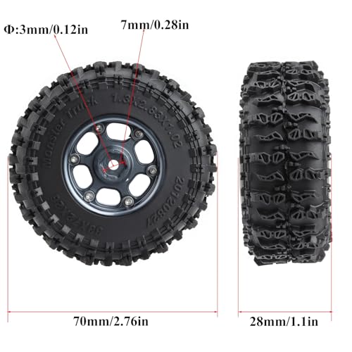 1.3" Wheel Tires Set, Beadlock Wheel Rims with Swamp Claw Mud Terrain Rubber Tires 70 * 27mm for 1/18 TRX4M 1/24 SCX24 FCX24 RC Crawler Car,Type E,Silver