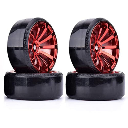RC Plastic Wheel and Tire Set,WONFAST RC Drift Car 63mm Hard Tyres 12mm Hub Wheel for 1/10 On-Road Drifting Car Parts for HSP Tamiya HPI Kyosho TT02 (Red) - color: Red