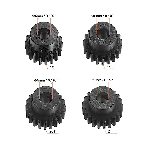 HARFINGTON 32P Hardened Pinion Motor Gear Set 4pcs 18T 19T 20T 21T Fit 5mm RC Motor Shaft 0.8 Metric Pitch 32 Pitch Gears for RC Car, with Hex Key
