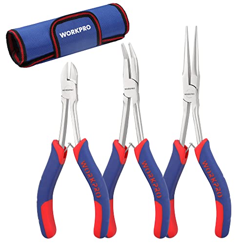 WORKPRO 3PCs Mini Pliers Set, Needle/Bent/Diagonal, 7"/6"/5.5" | Small Long Reach, for Narrow & Hard-to-Reach Spaces