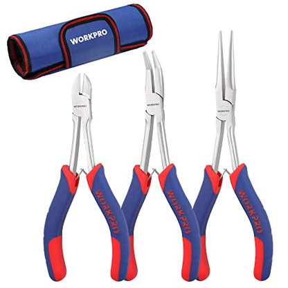 WORKPRO 3PCs Mini Pliers Set, Needle/Bent/Diagonal, 7"/6"/5.5" | Small Long Reach, for Narrow & Hard-to-Reach Spaces