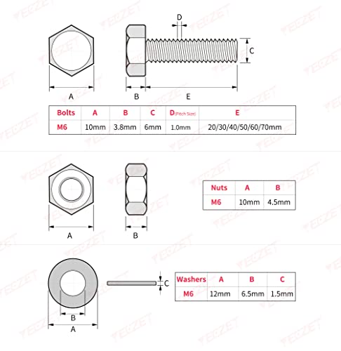 144Pcs Grade 8.8 M6 Hex Head Screws Bolts and Nuts Flat & Lock Washers Assortment Kit 20mm 30mm 40mm 50mm 60mm 70mm - color: M6--36Sets Bolts and Nuts Kit