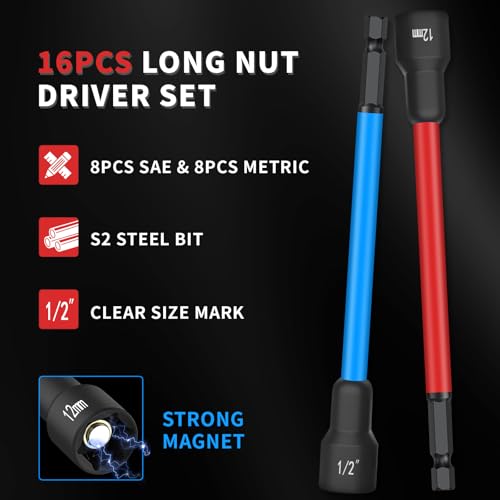 XOOL 16 PCS Long Magnetic Nut Driver Set, 6" Metric & SAE Nut Driver Bit Set for 1/4" Quick-Change Hex Shank, Impact Drill, with Mini Ratchet Wrench & Storage Bag