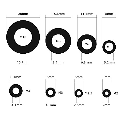 510 Pcs Black Nylon Flat Washer Assortment Kit | Suitable for Electrical Connections on Household and Commercial Appliances (M2 M2.5 M3 M4 M5 M6 M8 M10)