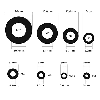 510 Pcs Black Nylon Flat Washer Assortment Kit | Suitable for Electrical Connections on Household and Commercial Appliances (M2 M2.5 M3 M4 M5 M6 M8 M10)